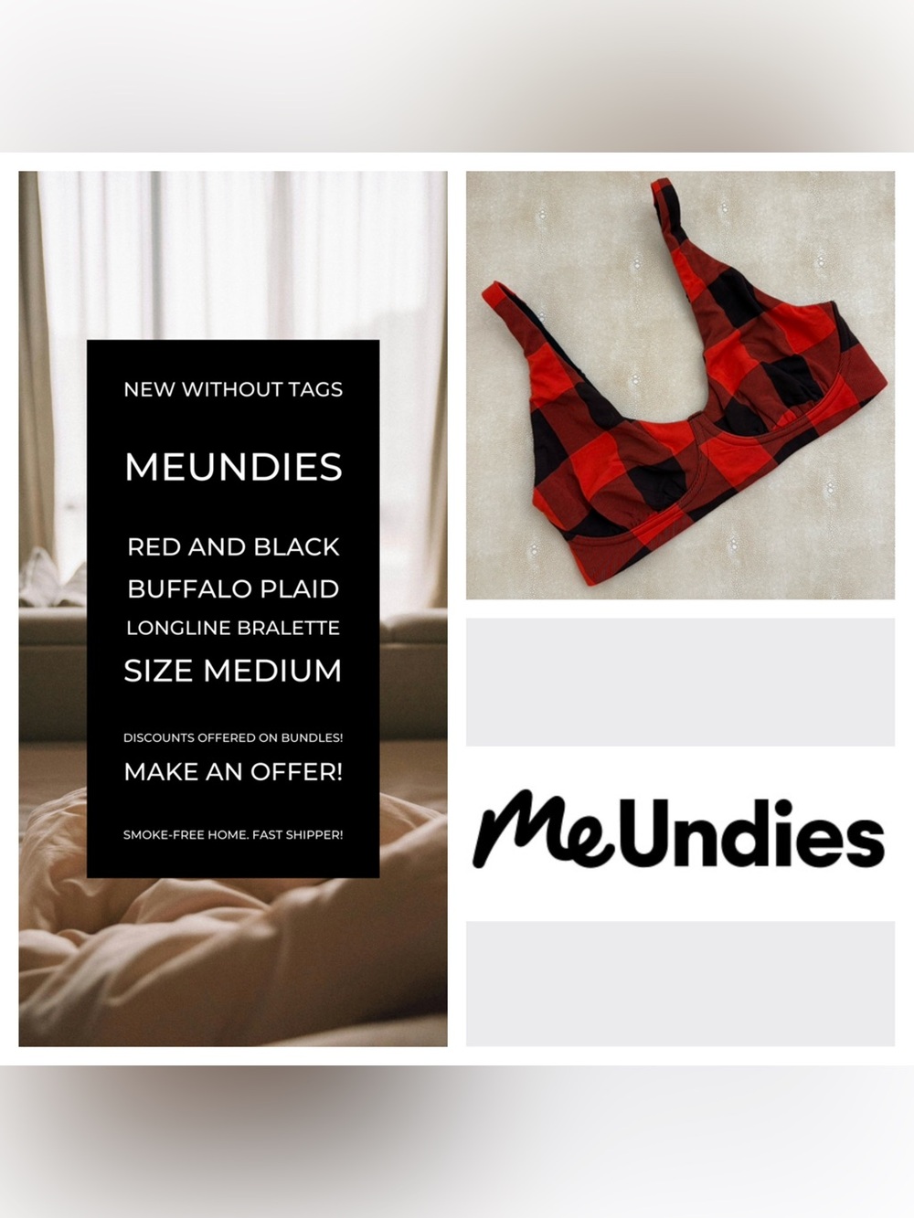 NWOT MeUndies Red and Black Buffalo Plaid Longline Bralette Sz M